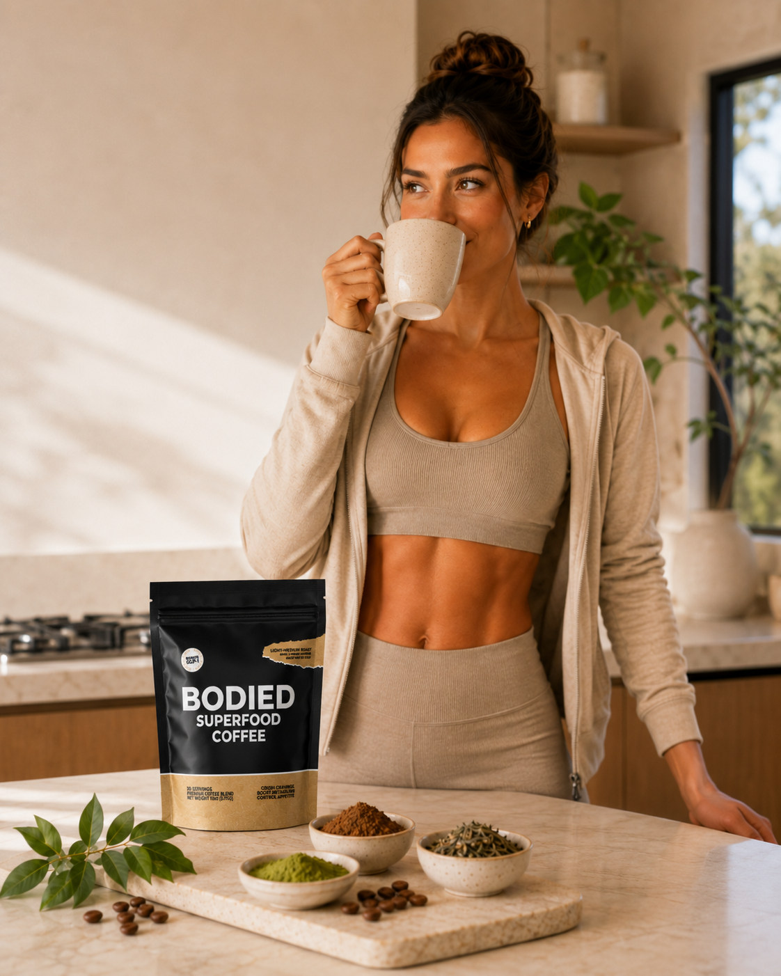 A woman in athletic wear sips coffee next to a bag of Bodied Superfood Coffee on a counter.
