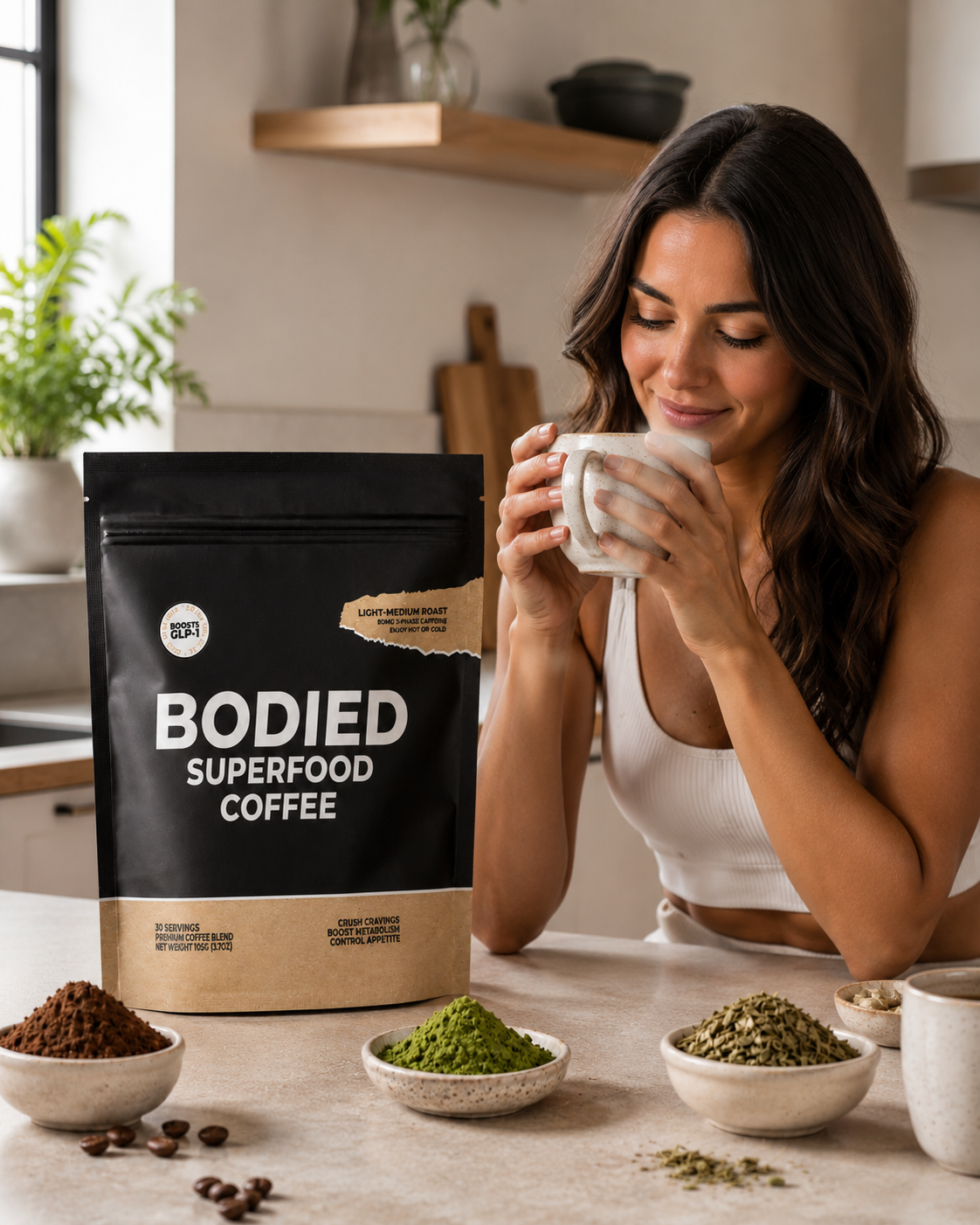 A woman smiles while holding a mug next to a bag of Bodied Superfood Coffee and ingredients.