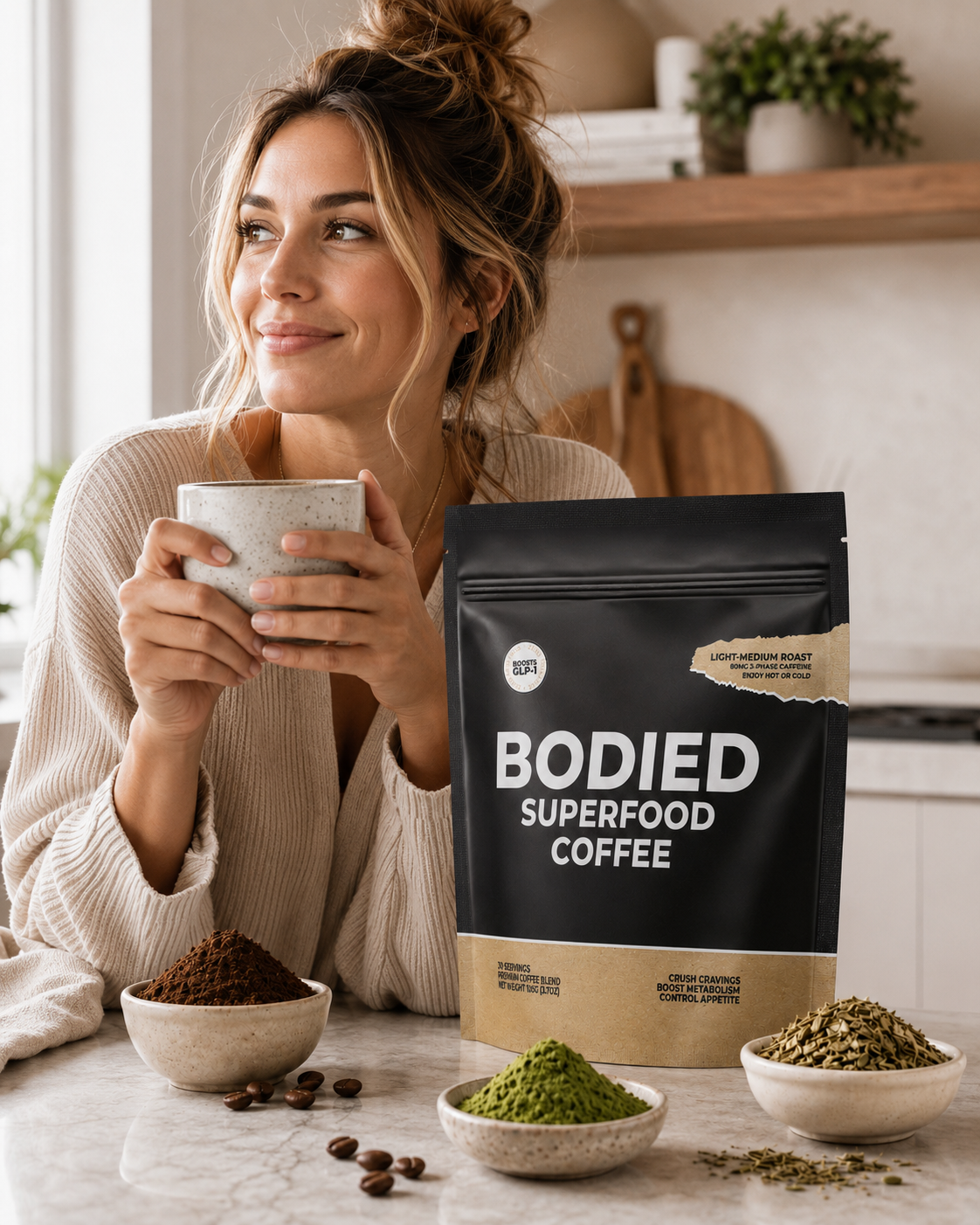 A woman holds a mug next to a bag of Bodied Superfood Coffee and bowls of ingredients.