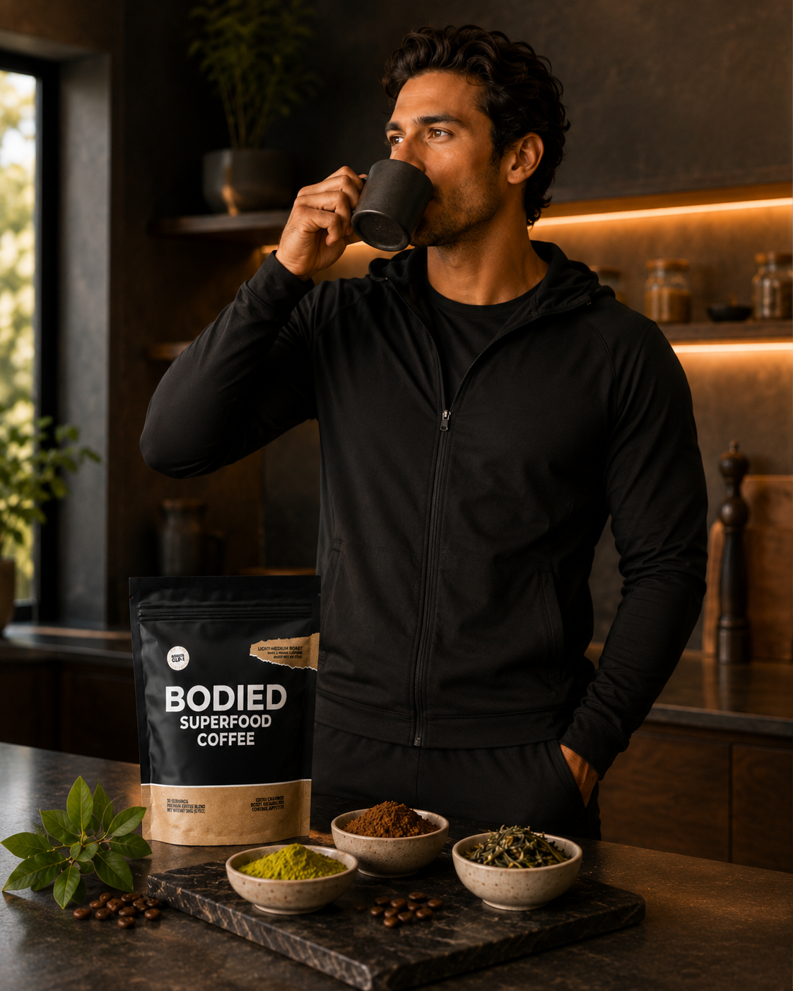 A man in a black hoodie sips coffee with a bag of Bodied Superfood Coffee on the counter.