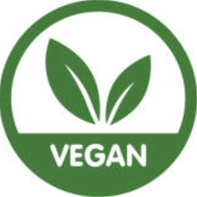 Green circle with two leaves and the word 'VEGAN' inside.