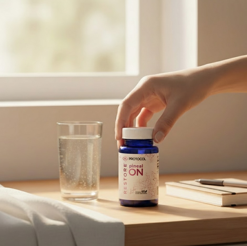 Hand reaching for a blue supplement bottle next to a glass of water.