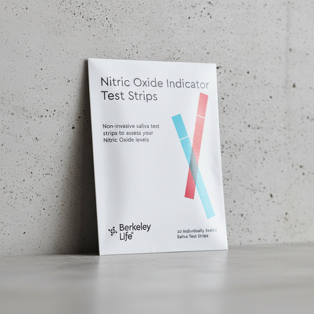 A packet of Berkeley Life Nitric Oxide Indicator Test Strips leaning against a concrete wall.