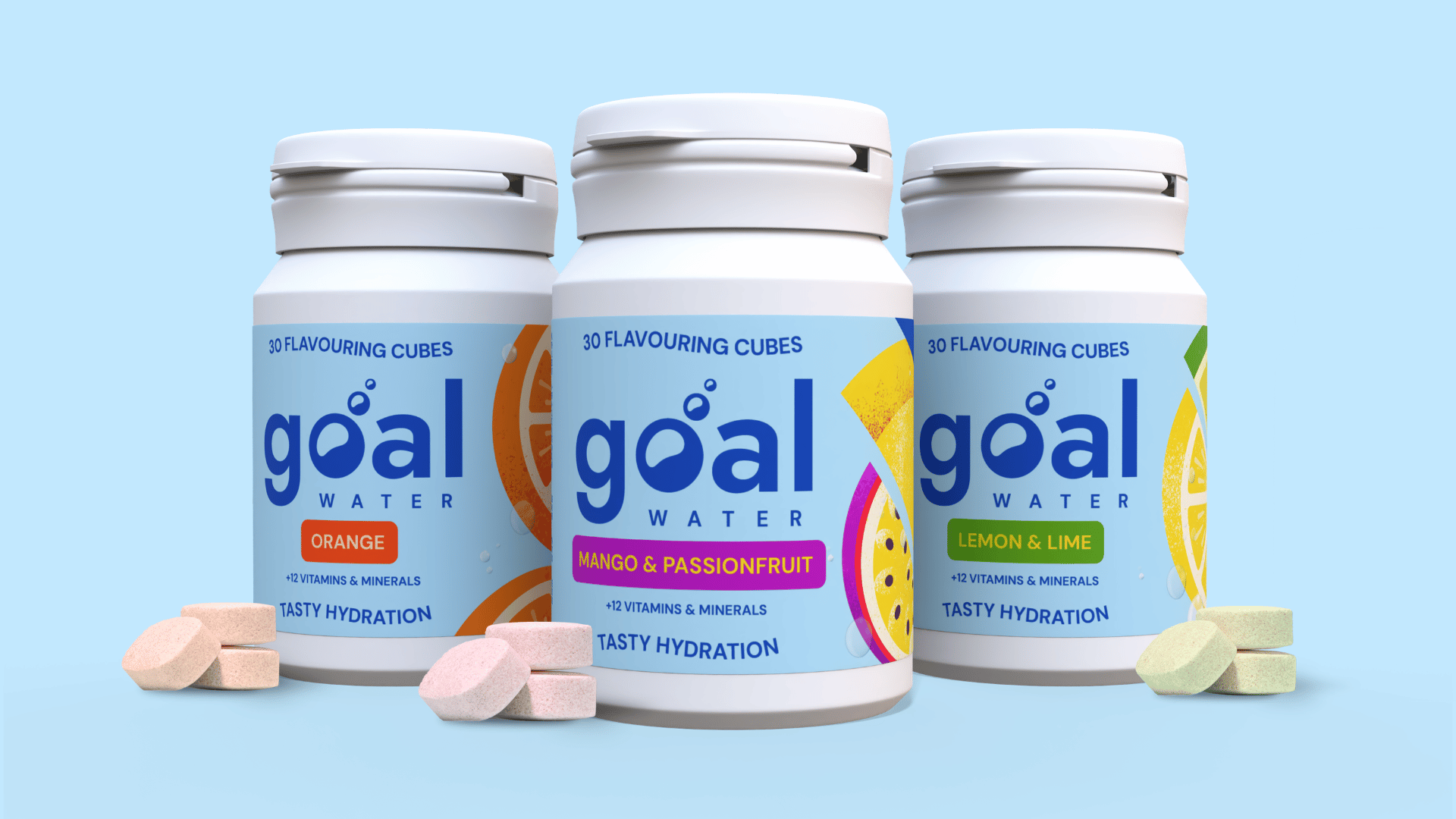 Three bottles of Goal Water flavoring cubes in Orange, Mango & Passionfruit, and Lemon & Lime flavors.
