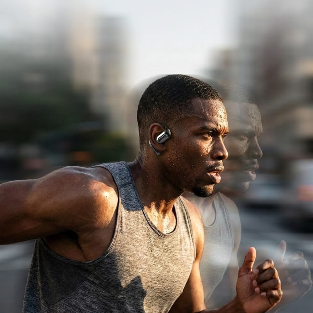 A sweaty man in a grey tank top runs while wearing a single silver earbud, with a motion blur effect.