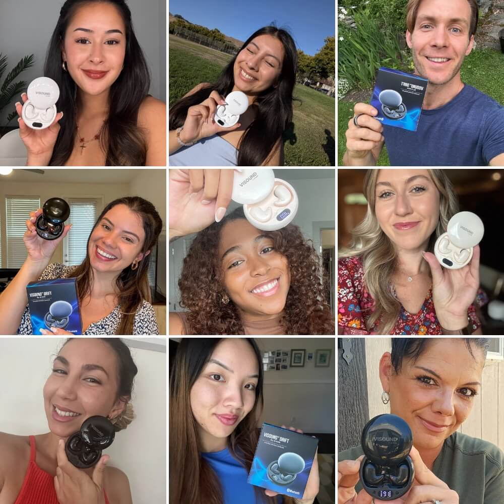 Nine people smiling, each holding a Visound charging case with earbuds in various settings.