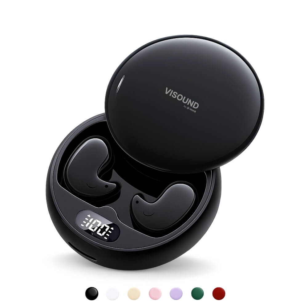 Black wireless earbuds with digital display in a round case.