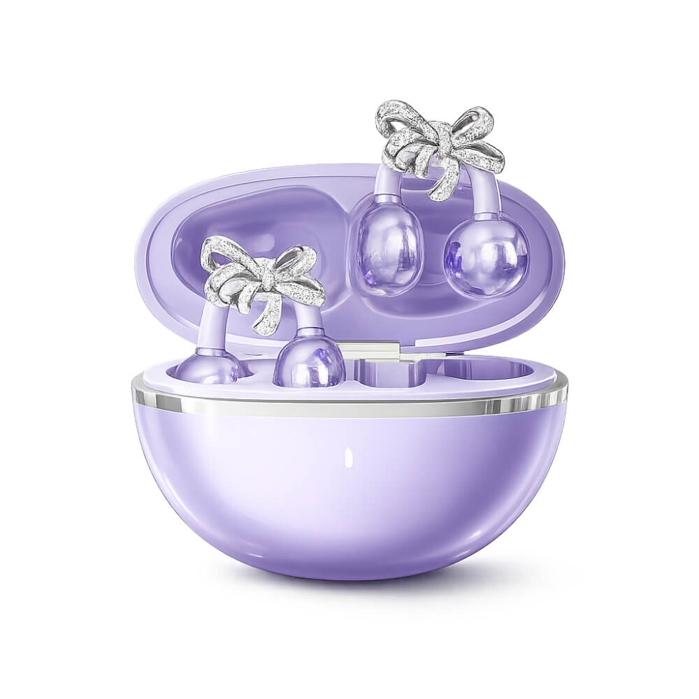A pair of light purple earbuds with diamond-encrusted bows in a matching open charging case against a white background.