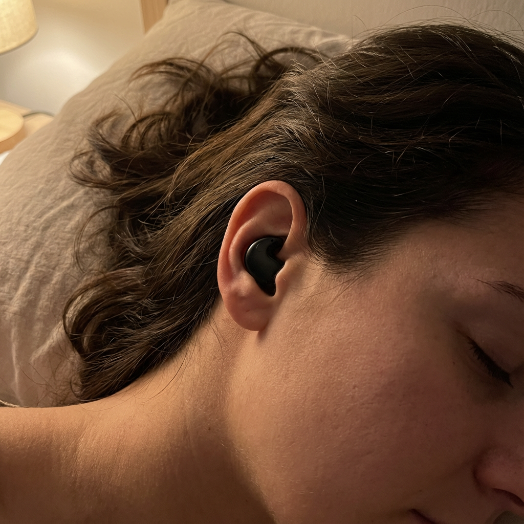 A close-up of a person sleeping on their side in bed while wearing a black earbud.