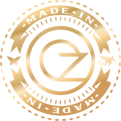 Gold circular emblem with 'Made in OZ' text and decorative elements.