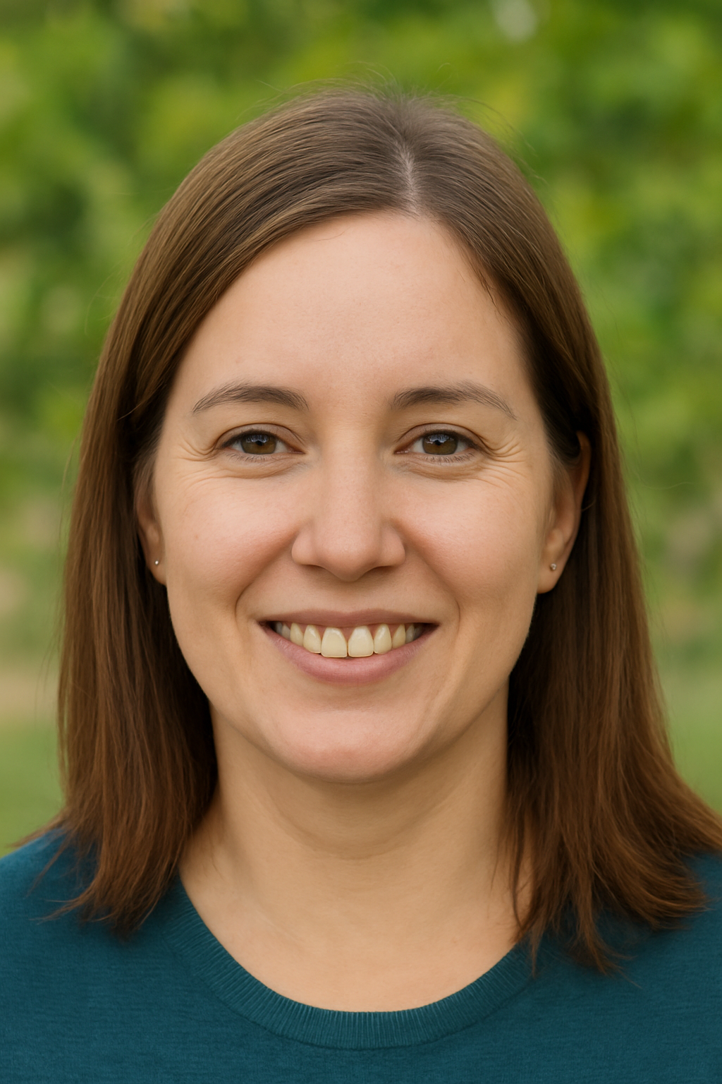 Smiling person with brown hair and green background.