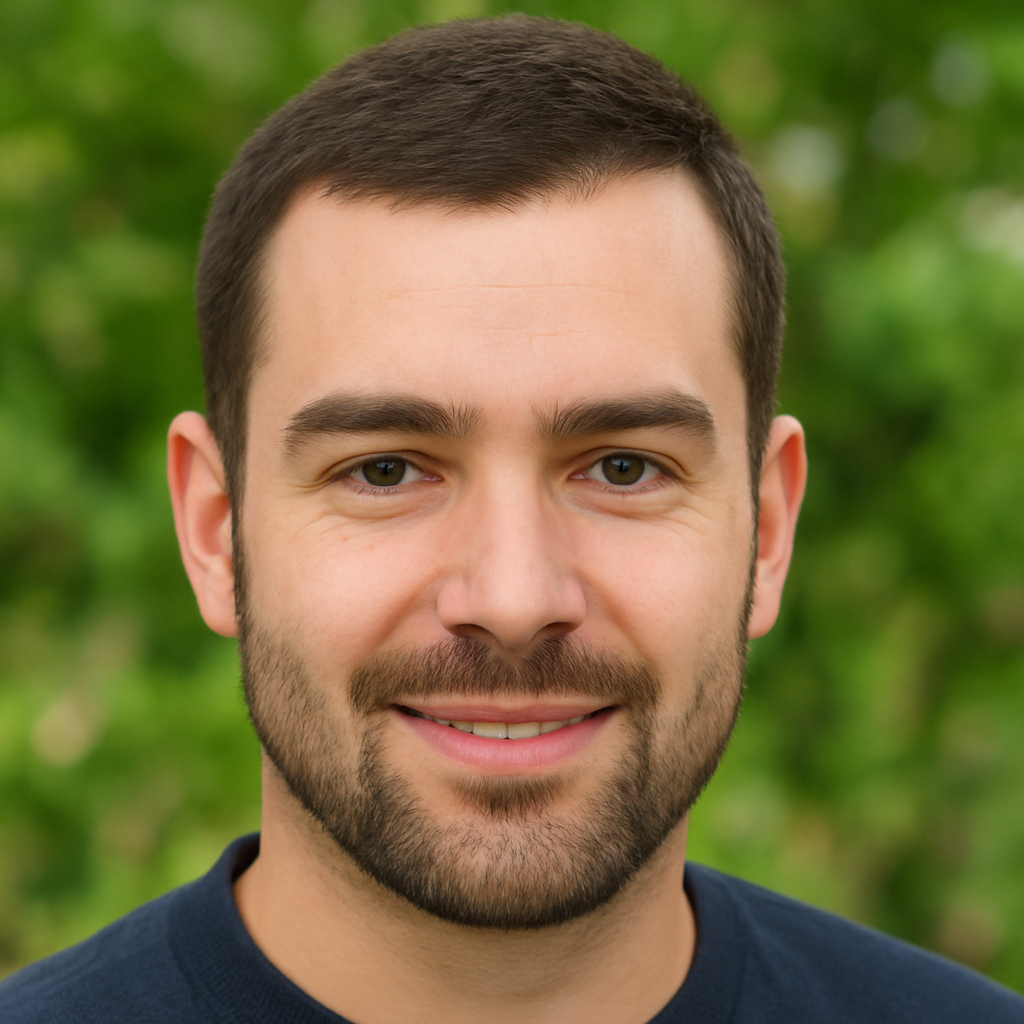 Smiling man with a beard and short hair, outdoors with green background.