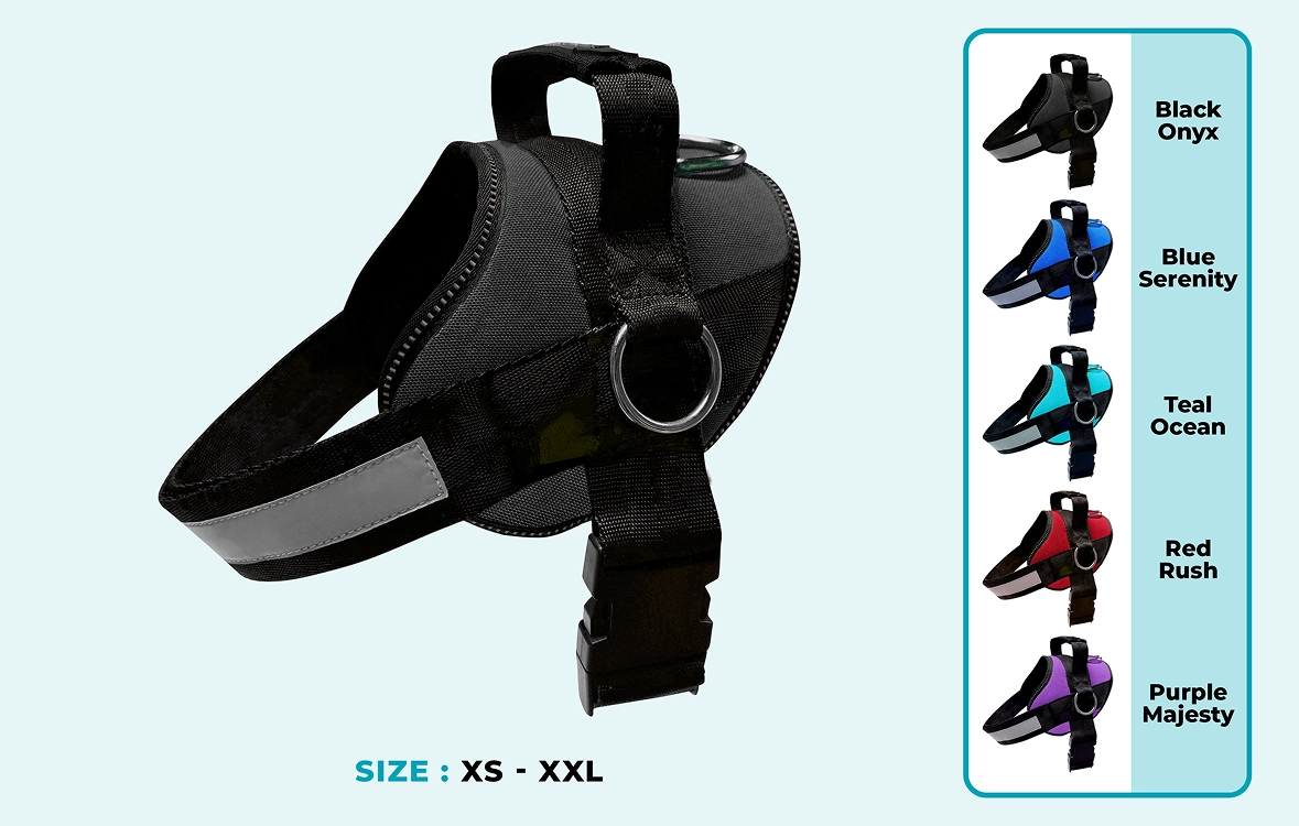 Black dog harness with color options and sizes XS to XXL displayed.