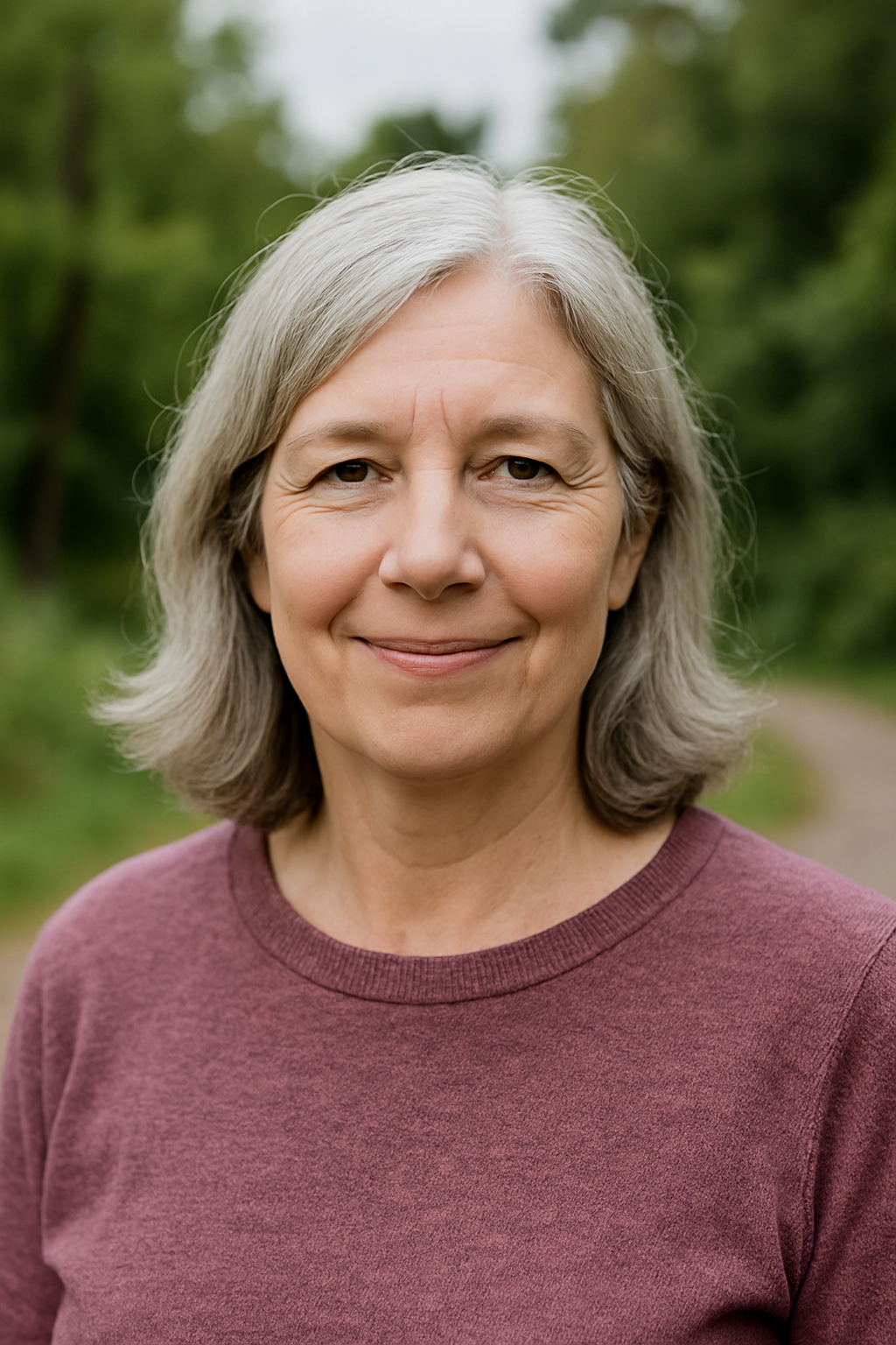 Smiling woman with gray hair in a maroon shirt outdoors.
