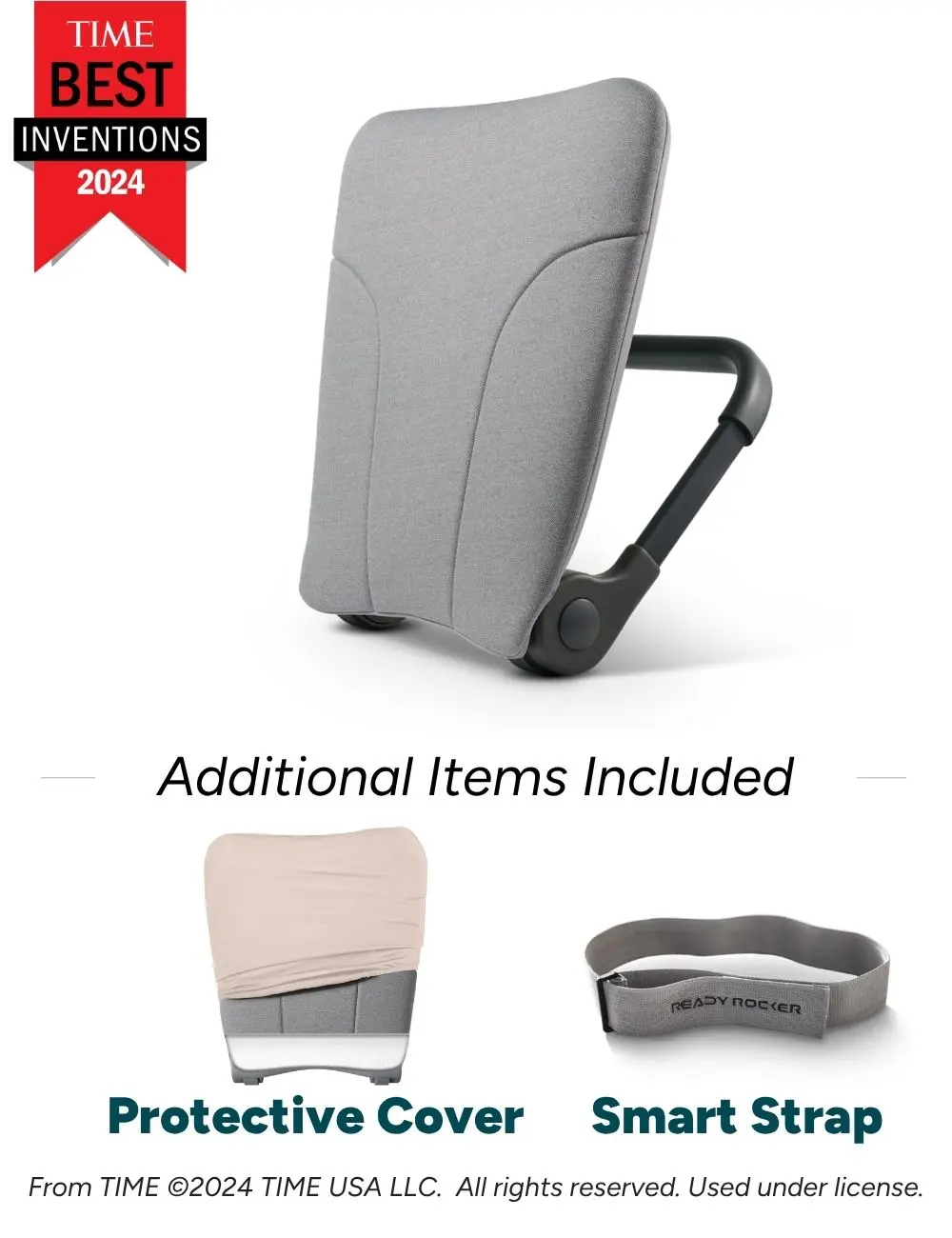 A portable rocker with a protective cover and smart strap, labeled 'TIME Best Inventions 2024.'