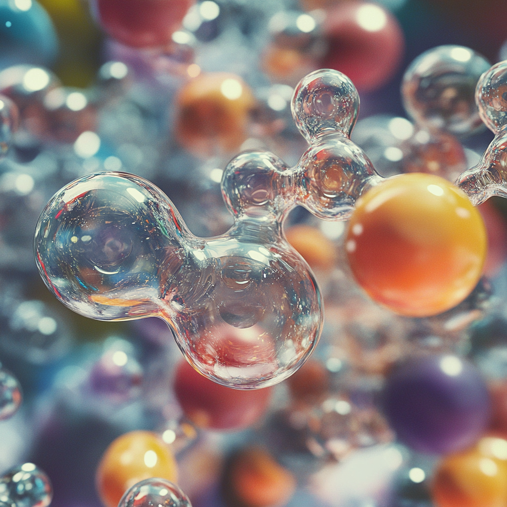 Colorful abstract spheres and bubbles in a blurred background.