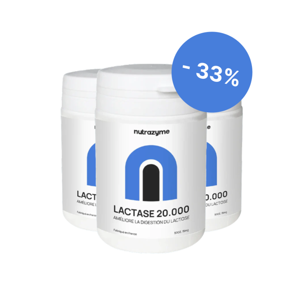 Three lactase supplement bottles with a 33% discount label.