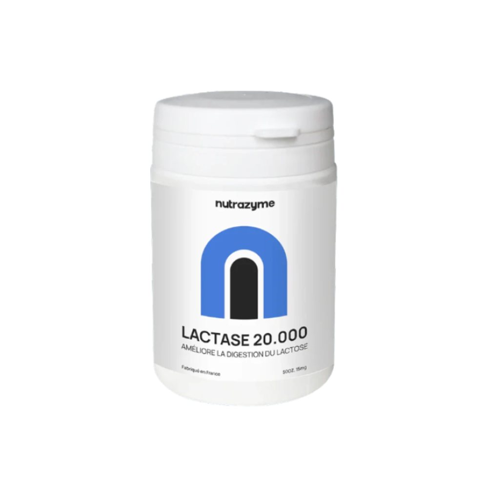 White container labeled 'Lactase 20.000' with blue and black design.