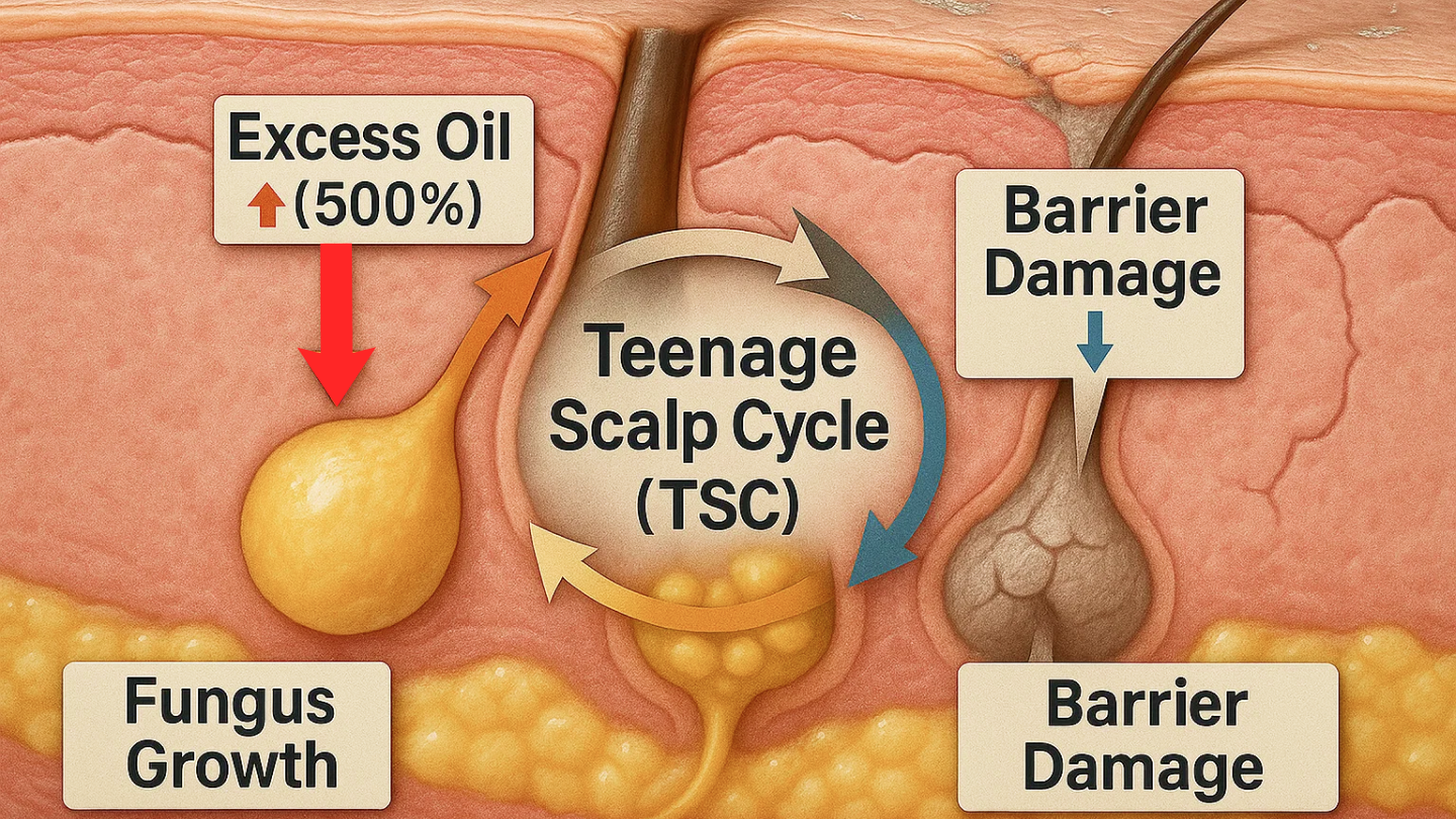 Diagram of teenage scalp cycle showing excess oil, barrier damage, and fungus growth.