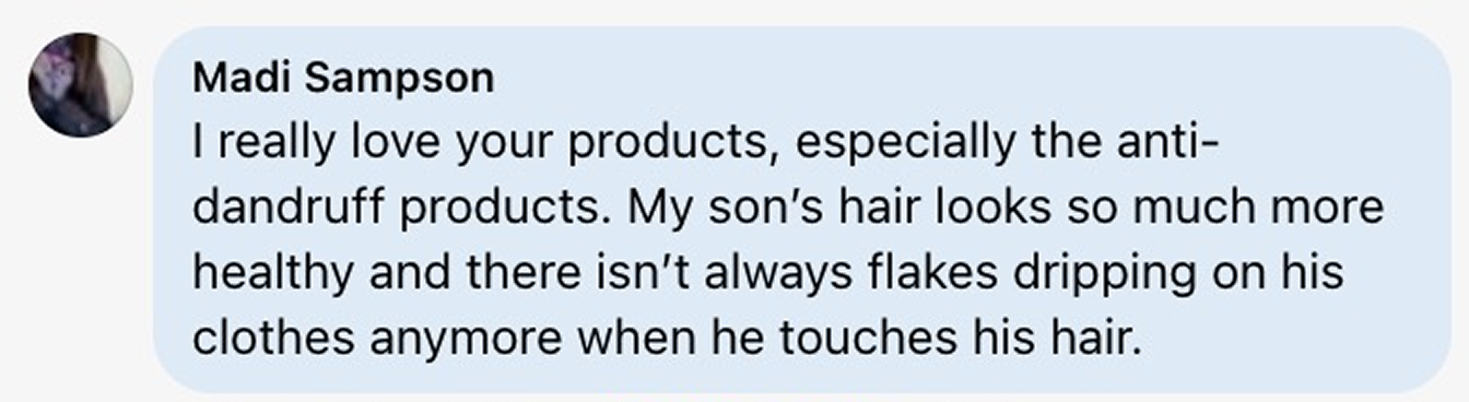 Screenshot of a positive review about anti-dandruff products improving hair health.