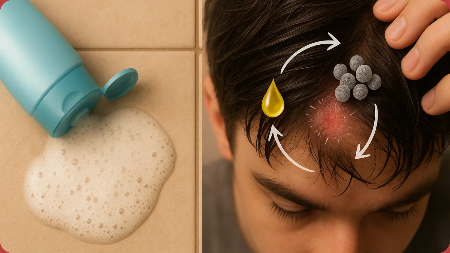 Open shampoo bottle with foam and a person with scalp irritation.