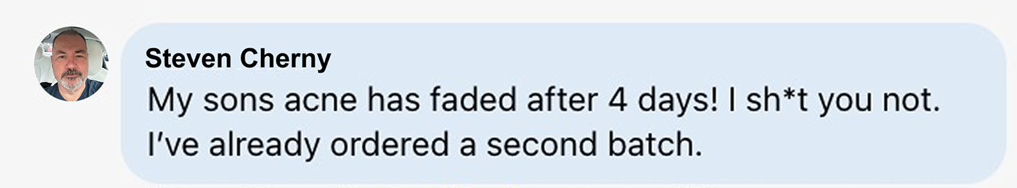 Text message with a profile picture and testimonial about acne treatment.