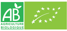 Logos of Agriculture Biologique and EU organic certification on a green background.
