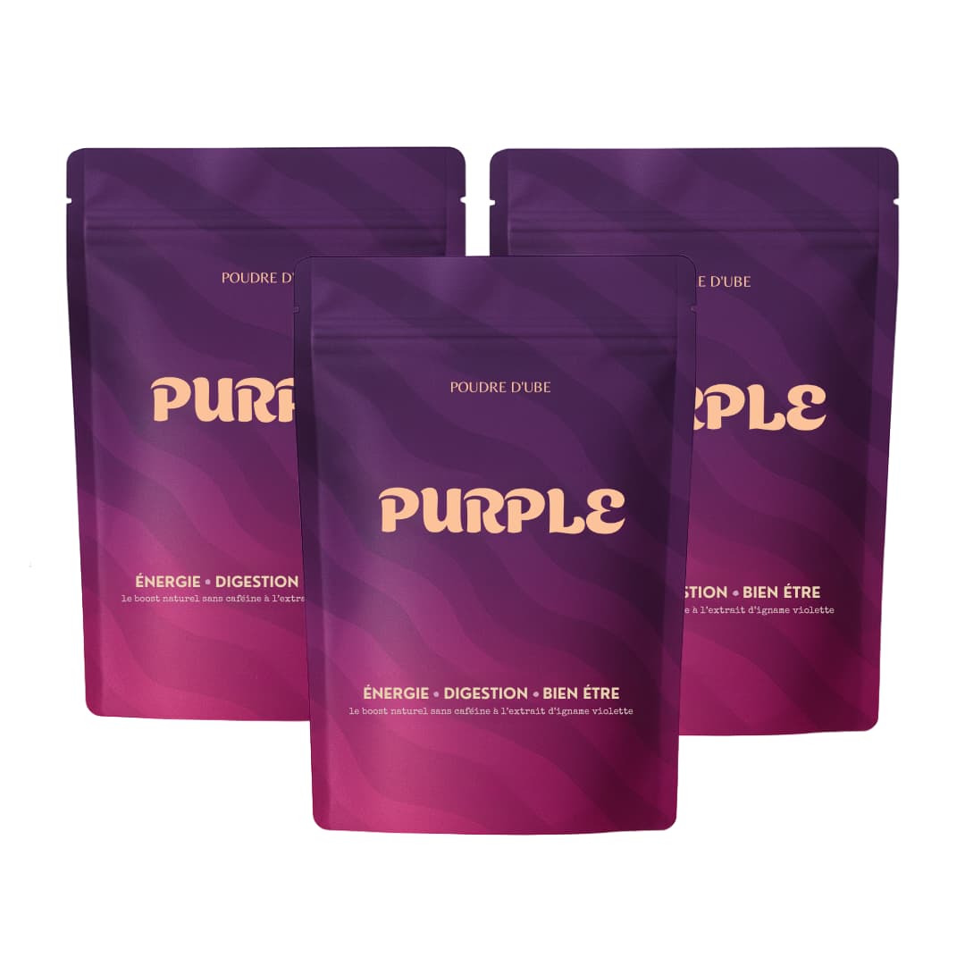 Three purple product pouches labeled 'PURPLE' with text about energy and digestion.