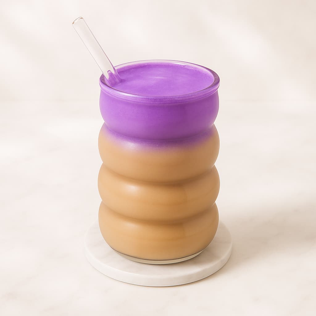 Layered purple and brown drink in a wavy glass with a straw.
