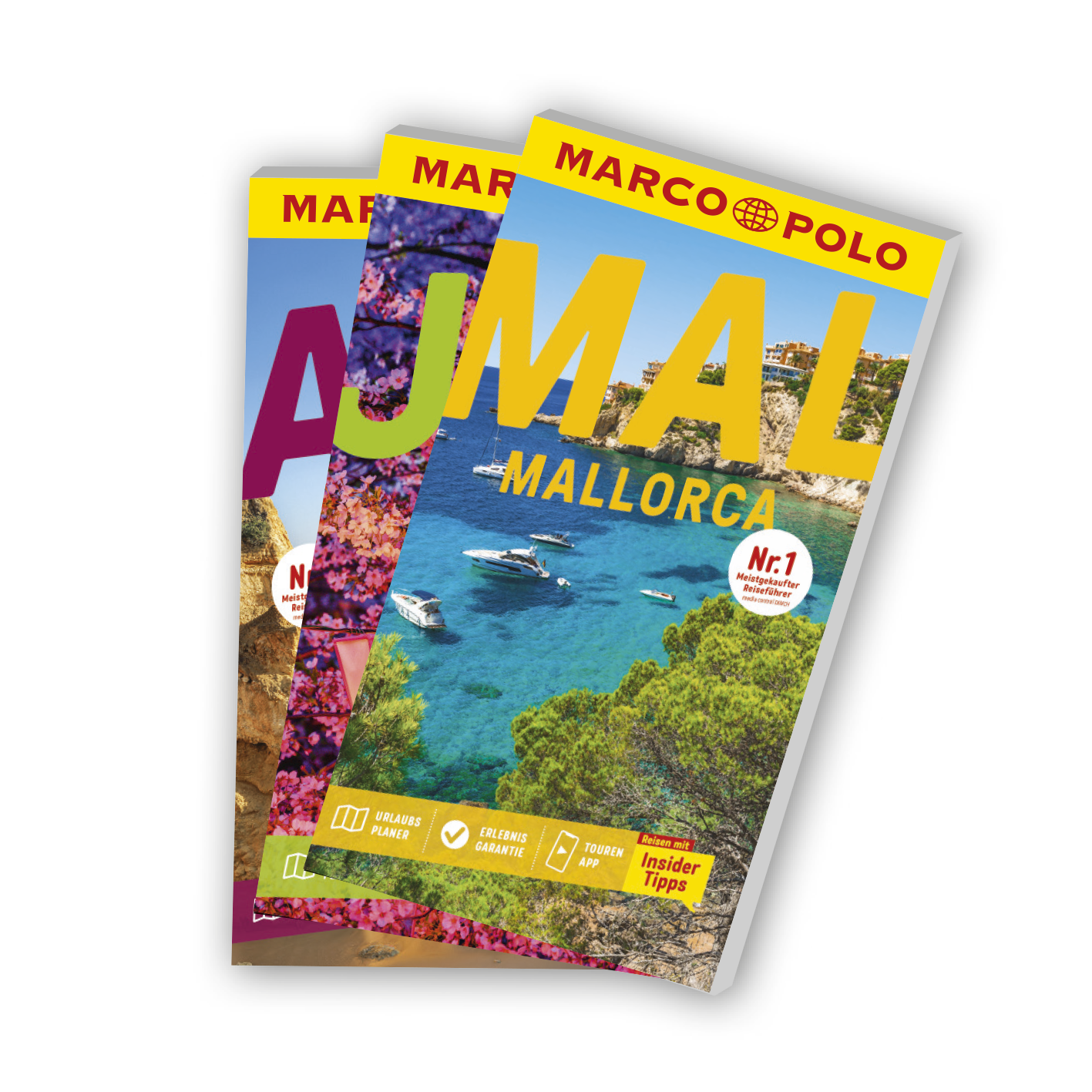 Three travel guidebooks with colorful covers, prominently featuring 'Mallorca.'