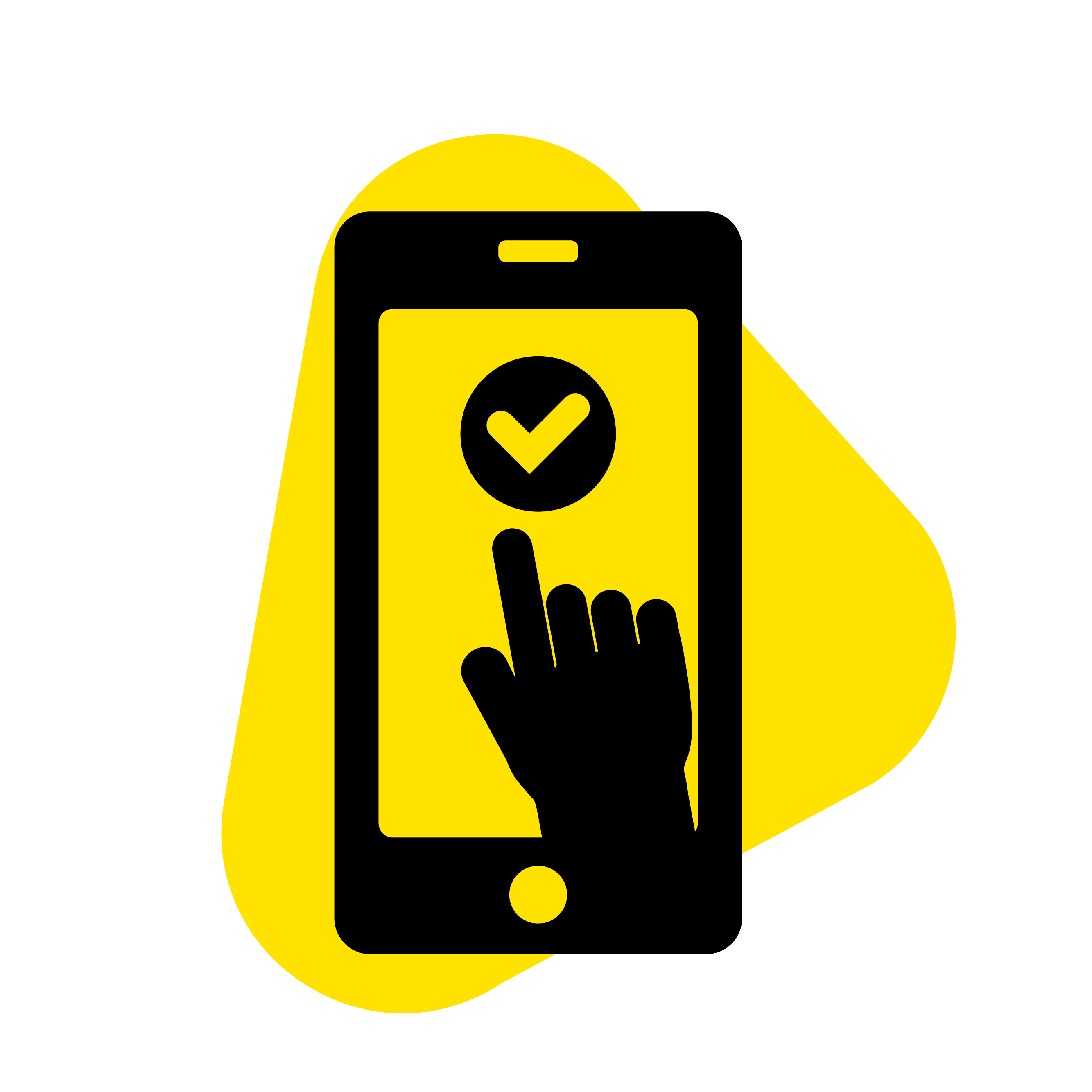 Silhouette of a hand touching a screen with a checkmark on a smartphone icon.