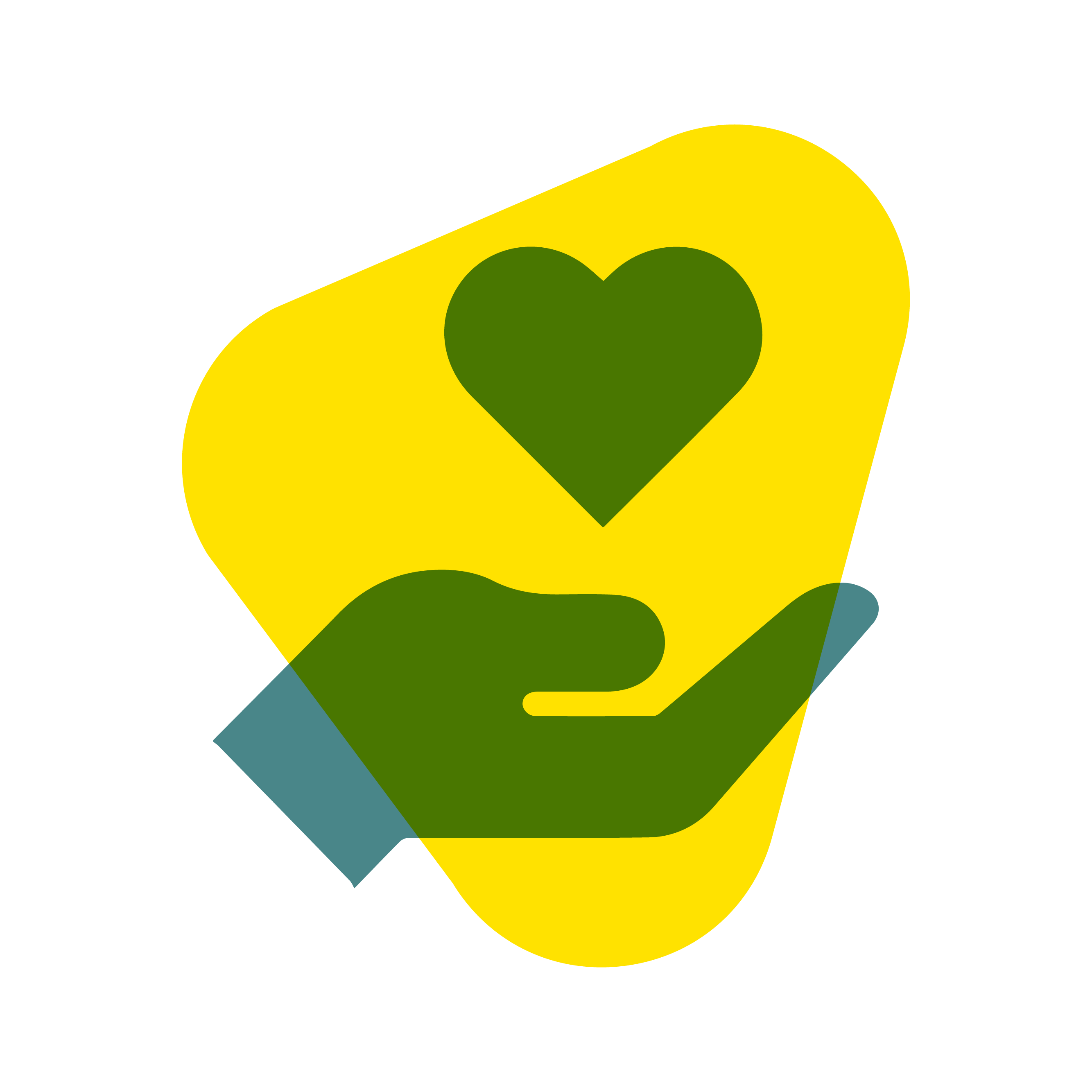 A green hand holding a heart on a yellow background.