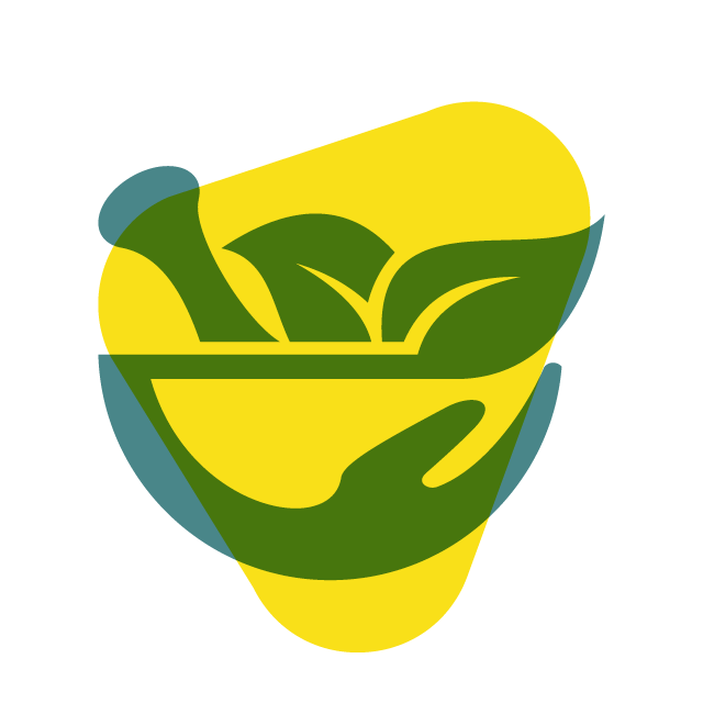 A stylized mortar and pestle with green leaves inside.