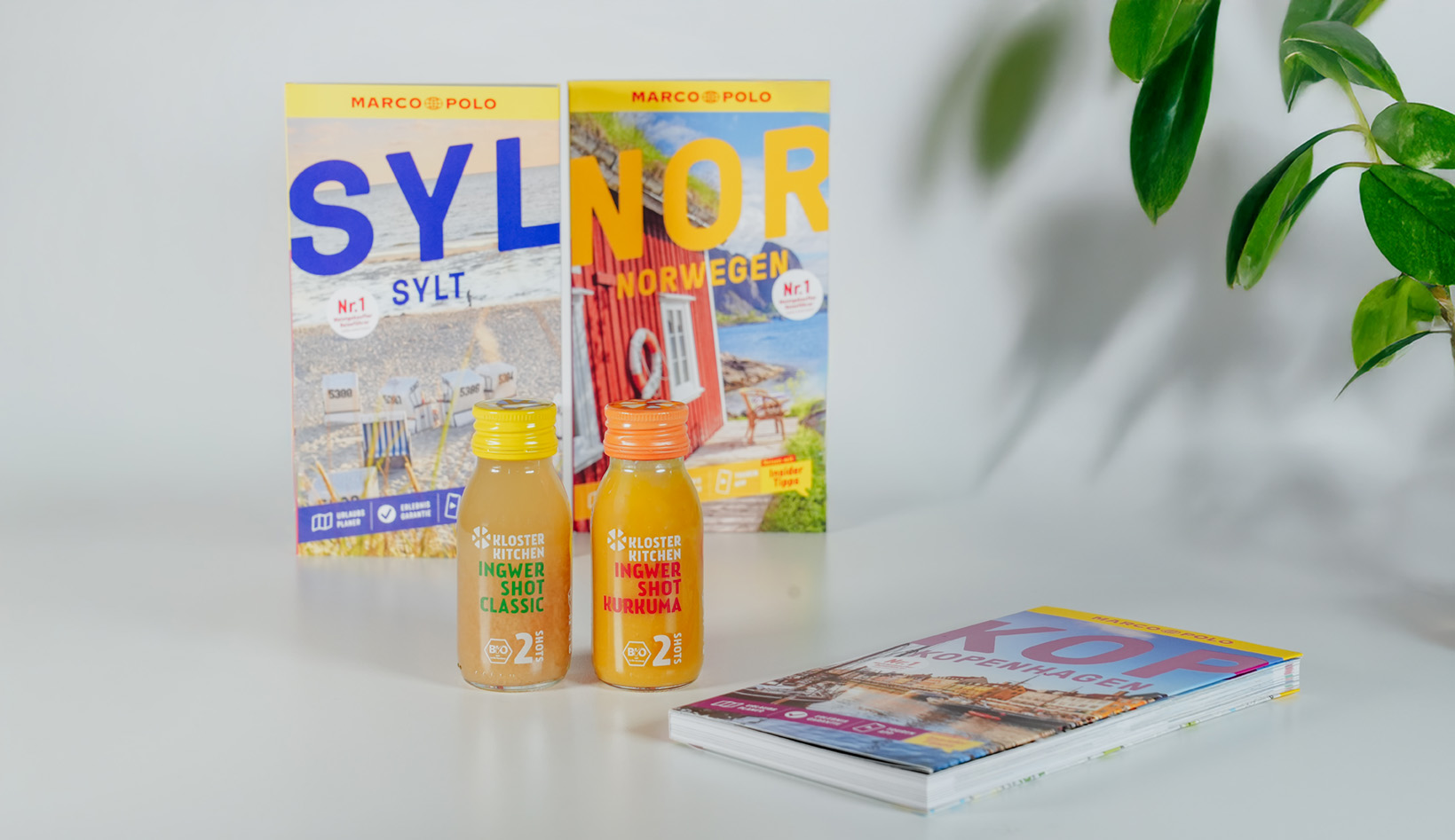Two juice bottles in front of travel guides on a white surface.