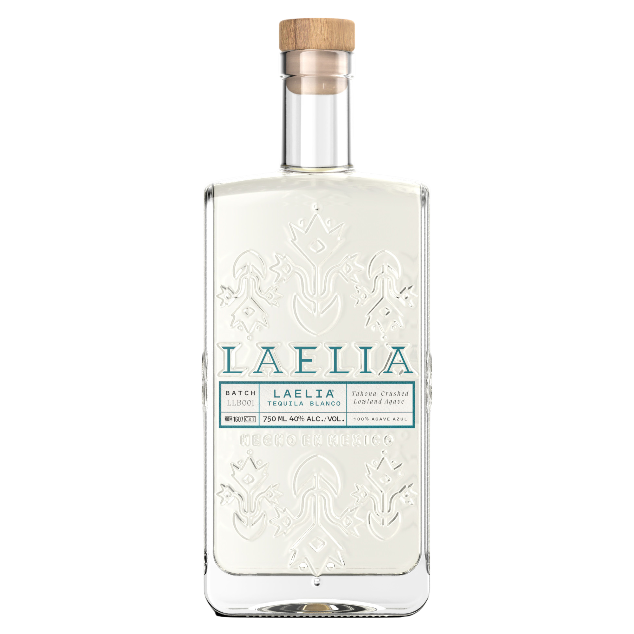 Clear glass bottle of Laelia Tequila Blanco with embossed design and wooden cap.