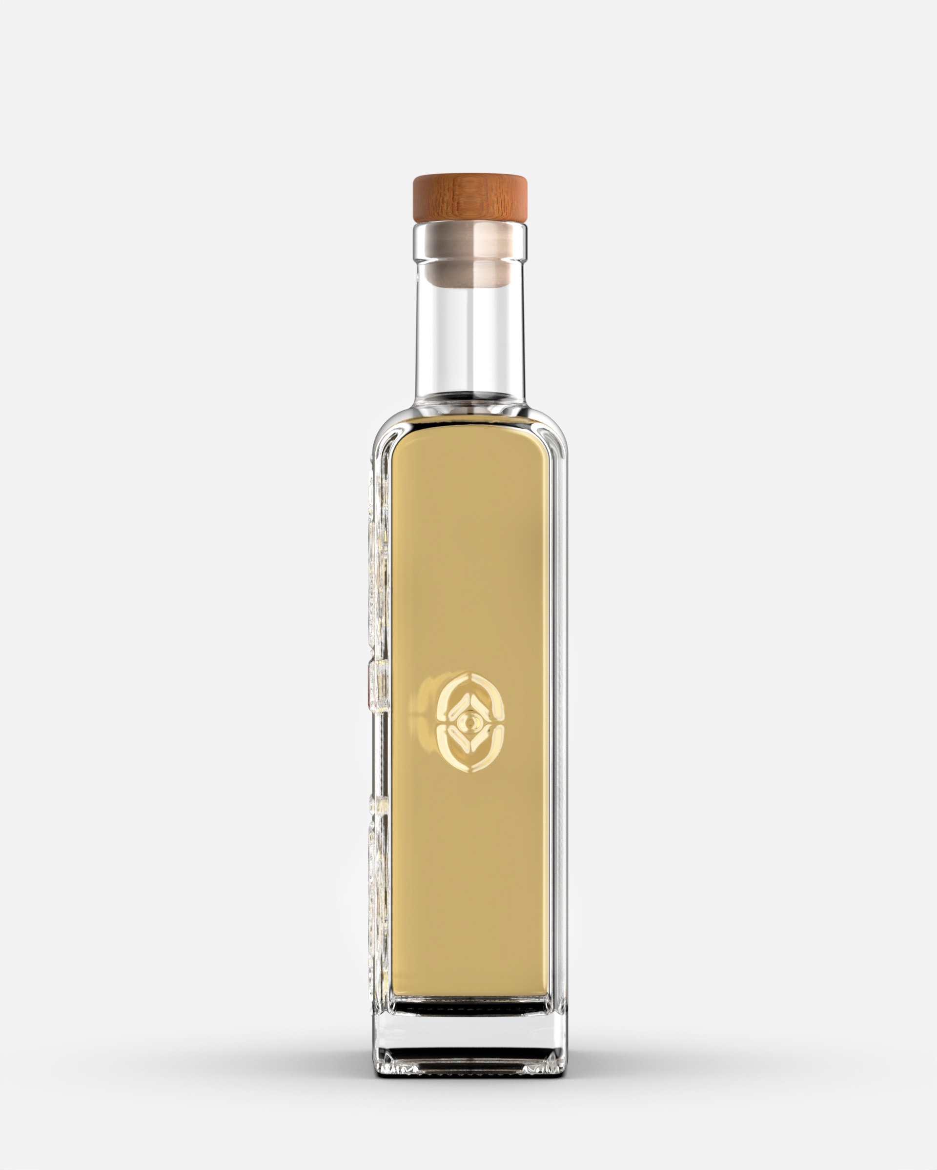 Clear glass bottle with a wooden cap, containing light amber liquid.