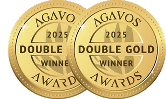 Two gold award medals labeled 'Agavos Awards 2025 Double Gold Winner.'