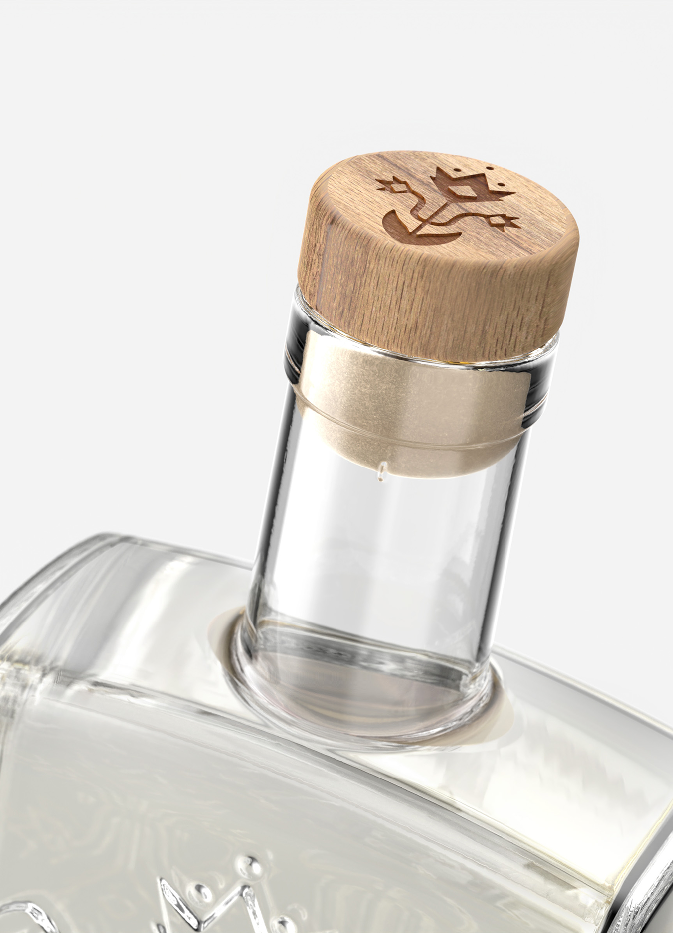 Close-up of a bottle neck with a wooden cap.