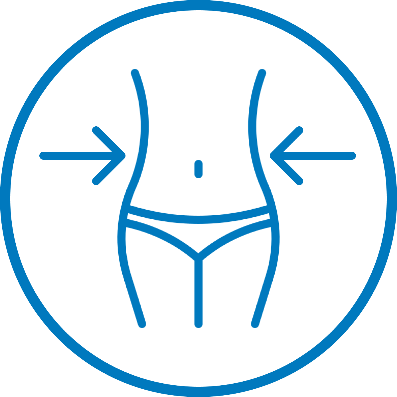 Outline of a waist with arrows pointing inward, inside a circle.