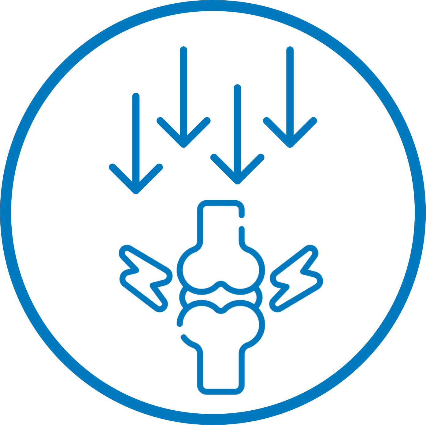 Blue icon of a joint with arrows and pain symbols.