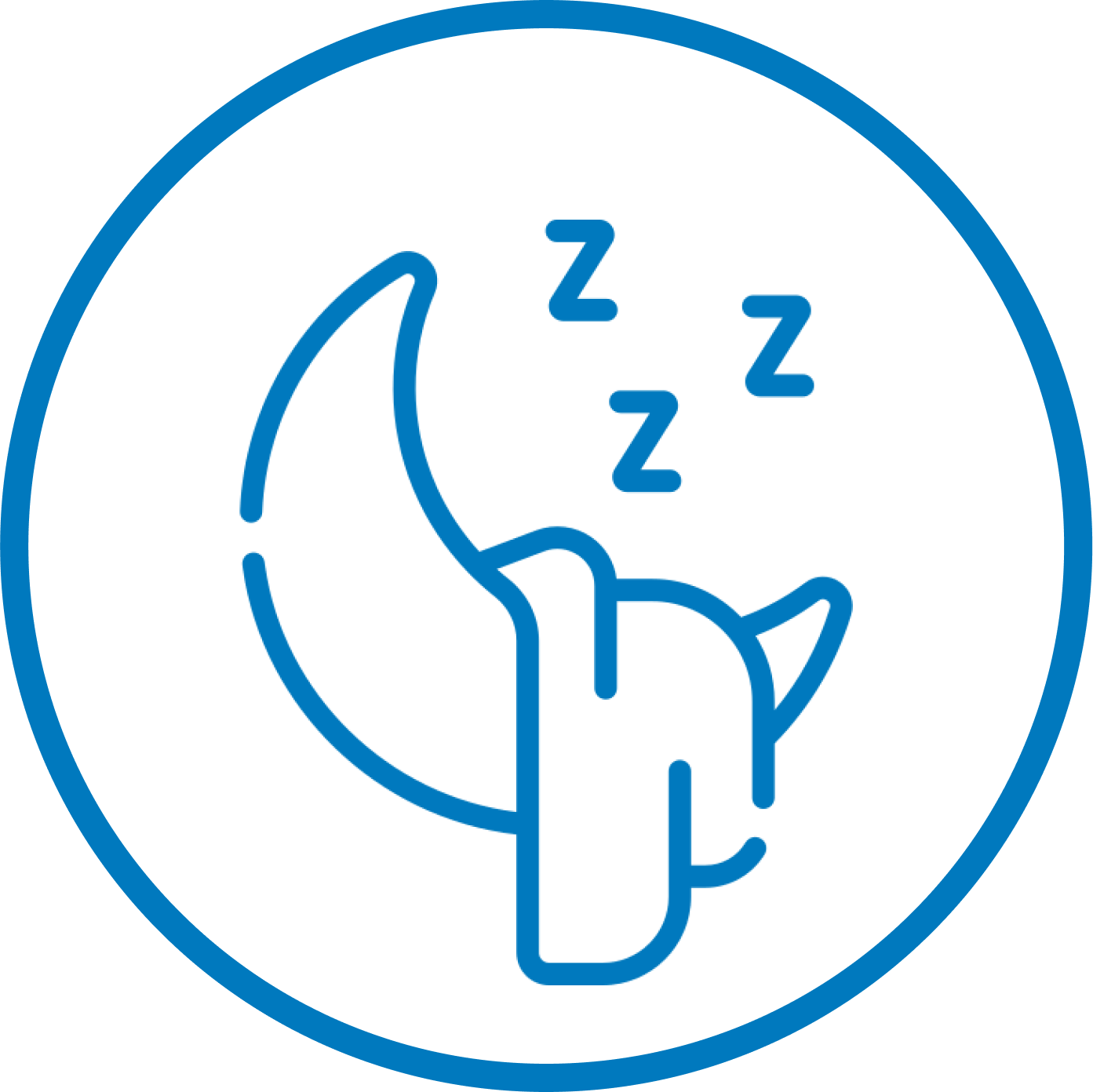 Blue outline of a moon and hand with 'zzz' symbols.