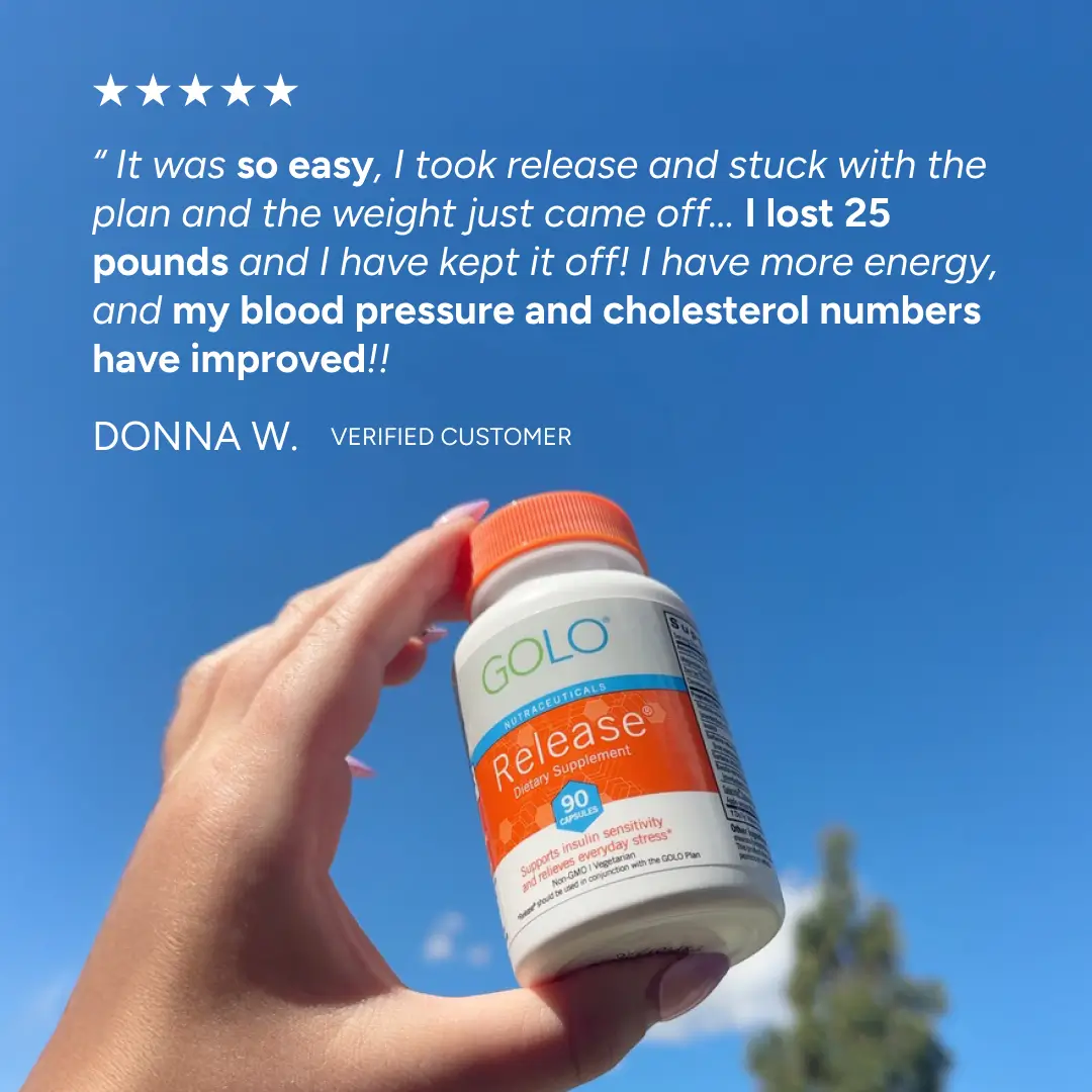 Hand holding GOLO Release bottle against blue sky with customer testimonial text.