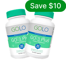 Two bottles of GOLO dietary supplements with a Save $10 label.