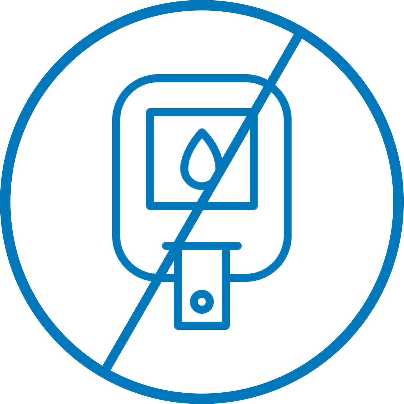 Blue line drawing of a glucose meter with a diagonal line through it.