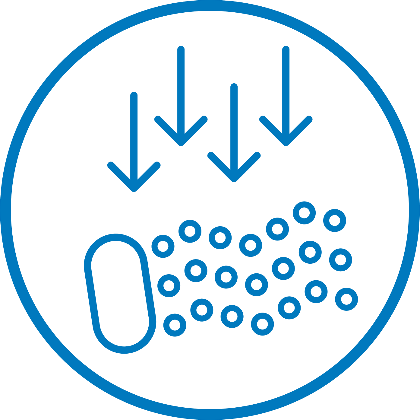 Blue icon with arrows and circles inside a circle.