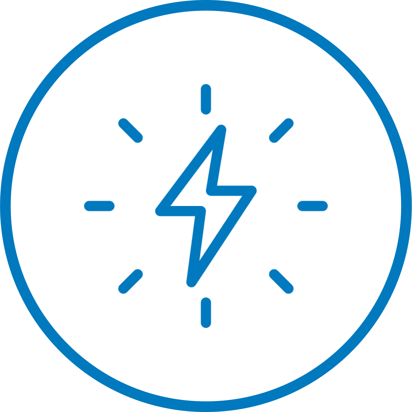 Blue lightning bolt icon inside a circle with lines radiating outward.
