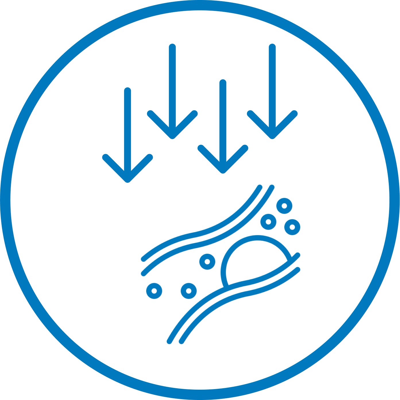 Blue icon with arrows and abstract lines inside a circle.