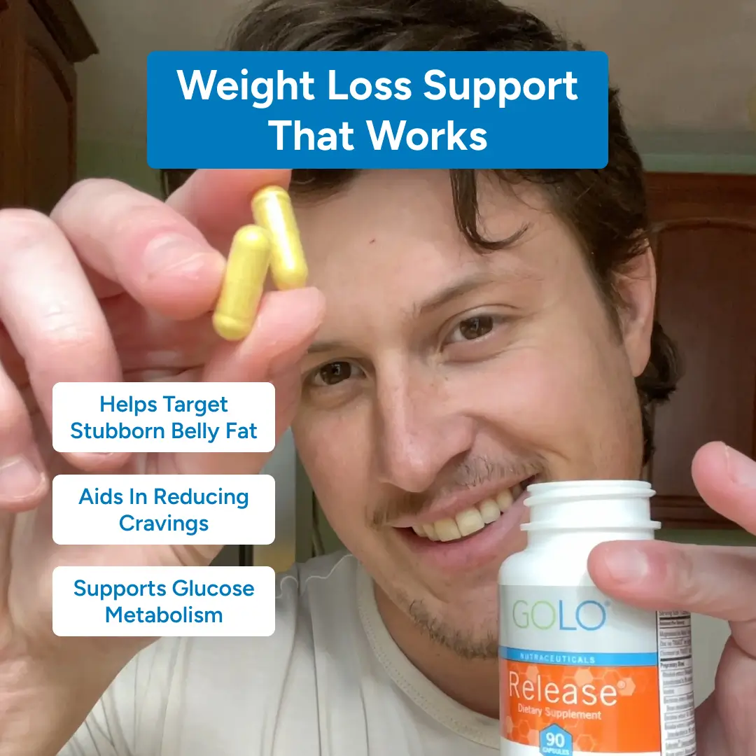 Man holding yellow capsules and a bottle labeled 'GOLO Release Dietary Supplement.'