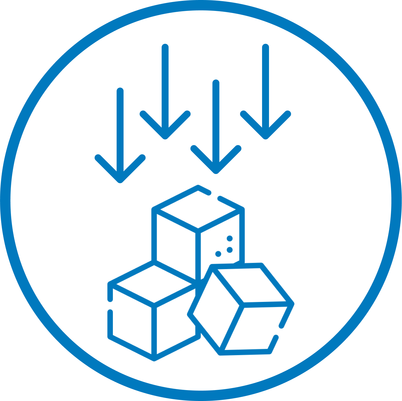 Blue icon with arrows pointing down at three cubes inside a circle.