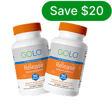 Two bottles of GOLO Release dietary supplement with a 'Save $20' label.